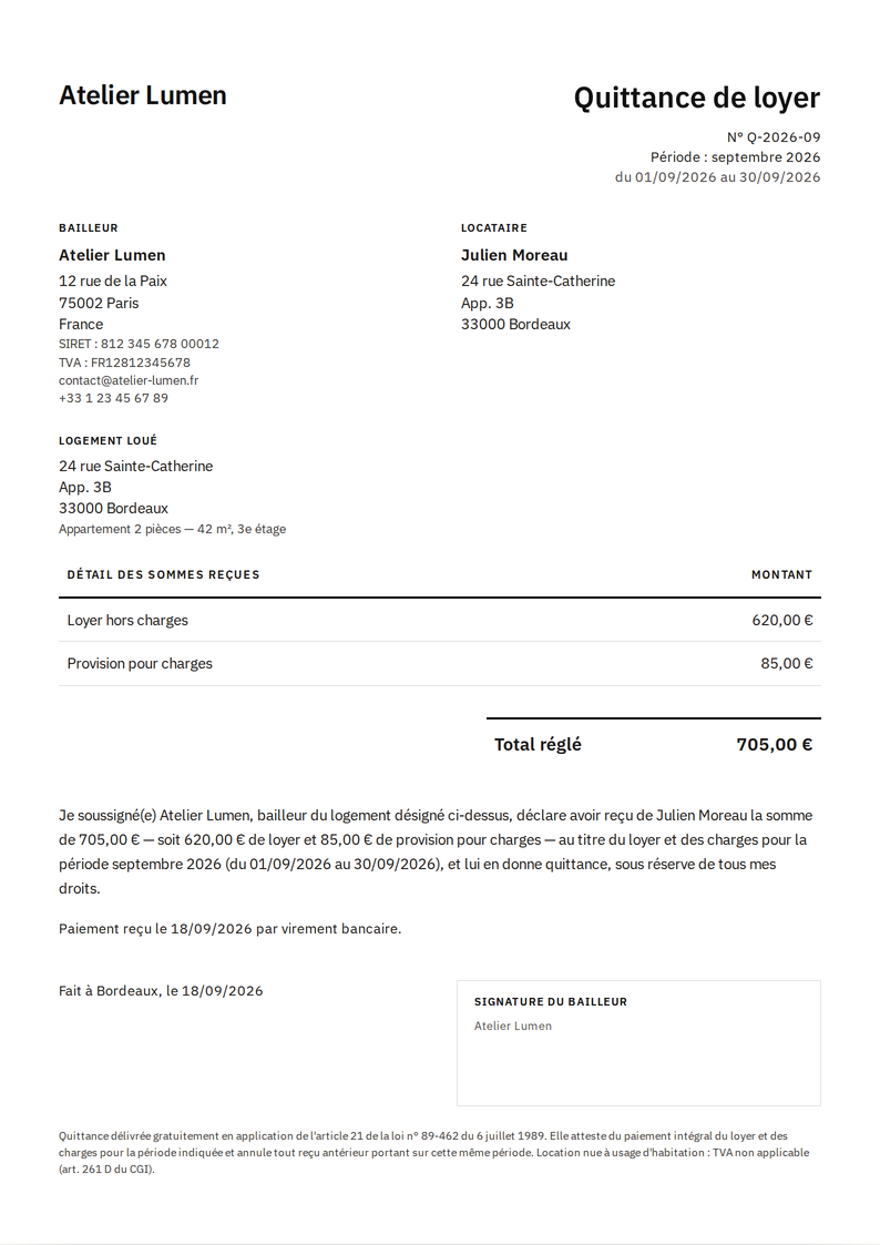 Une quittance de loyer produite par Factunio&nbsp;: la p&eacute;riode couverte,
                    le bailleur, le locataire, le logement, puis le loyer hors charges et la
                    provision pour charges distingu&eacute;s ligne &agrave; ligne comme l'article 21 de
                    la loi du 6 juillet 1989 l'impose, et le total r&eacute;gl&eacute;.