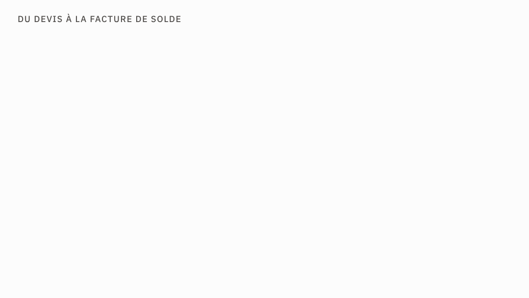 Animation : un devis de 1 000 &euro; HT re&ccedil;oit la mention &laquo; bon pour accord &raquo;, puis une facture d'acompte de 300 &euro; HT est &eacute;mise, enfin la facture de solde d&eacute;duit l'acompte et laisse 700 &euro; HT &agrave; payer.