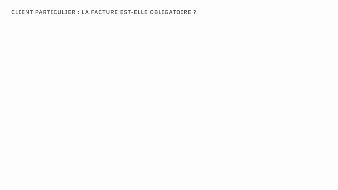 Animation : trois questions s'affichent l'une apr&egrave;s l'autre &mdash; prestation de 25 &euro; TTC ou plus, vente &agrave; distance, demande du client ; un oui m&egrave;ne &agrave; &laquo; facture obligatoire &raquo;, trois non &agrave; &laquo; ticket de caisse suffisant &raquo;.